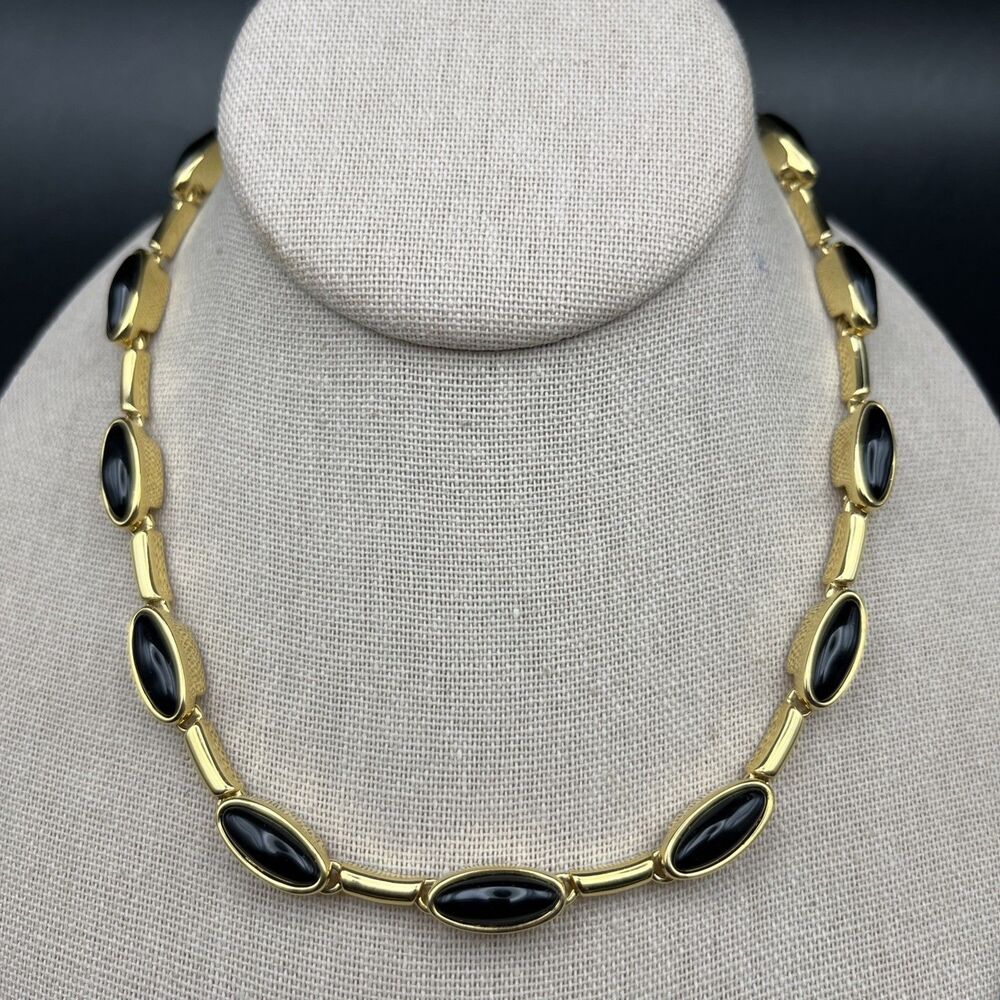 Vintage Monet Necklace Black Cabochon Gold Tone Bar Link Collar Classic Look